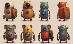 cartoon character illustration of several robots designed in robot suit