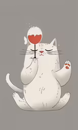 a cute white cat has a large lollipop in its mouth