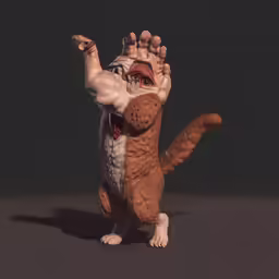 a weird looking cat has its front paws extended