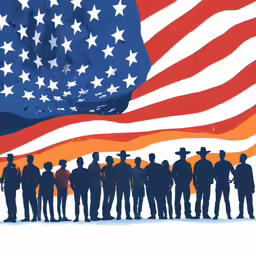 several silhouettes of people stand in front of an american flag