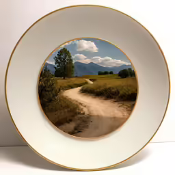 a white plate that has a dirt road and trees on the side