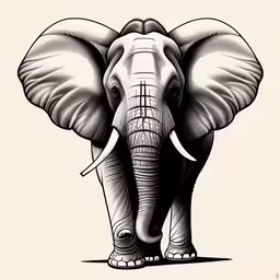an elephant with white tusks and a long tail,a black and white picture of an elephant with long tusks