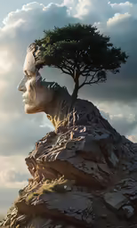 a person sitting on top of a mountain under a tree