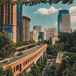 an elevated train moves down the tracks near trees