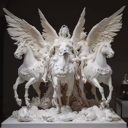 two statues of a man and two horses with wings on their back