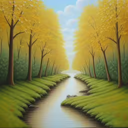this is an image of a painting of a pathway in the forest,this is a painting of a street with yellow trees on it,a painting of a path surrounded by trees that is almost empty,the colorful painting shows an image of trees and stream,the painting shows trees on the other side of a river that stretches up a hill, to many rows of leaf covered bushes
