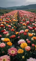 several rows of colorful flowers in an open field