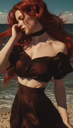 a woman standing on a beach wearing a brown outfit