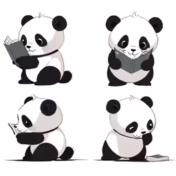 a black and white panda sitting in different poses while holding a book