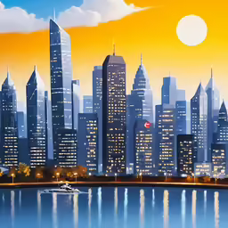 a city skyline at sunset with the sun shining over the skyline