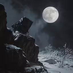 snow covered rocks and grass in the moonlight