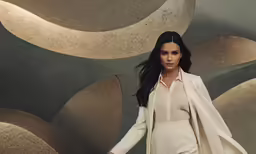a woman in a trench coat stands against an abstract background