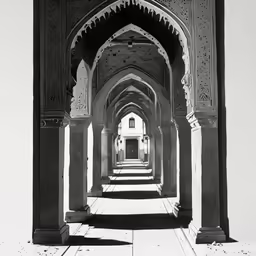 a walkway lined with pillars and arches on a sunny day