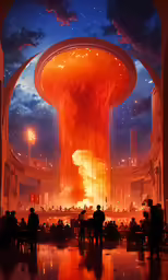 a painting with an interesting red structure with many people around it