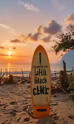 a surfboard is on the beach during sunset