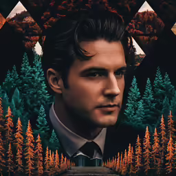 an artistic painting shows a man standing in front of mountains with pine trees