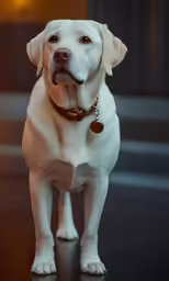 a dog on a black floor with some lights