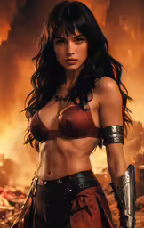 a woman in a bikini and armor is holding guns