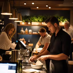 a chef preparing food at a restaurant counter