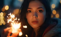 a young woman holding sparkler with sparkling lights behind her