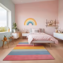 a bedroom with pink walls and wooden floors, and pink bedding