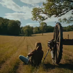 there is a man sitting next to a bike and a wheel