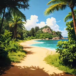 the tropical beach is surrounded by green palm trees