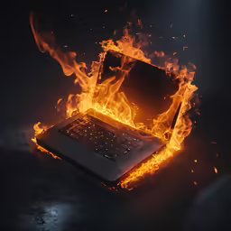 a laptop covered in fire sitting on the side of a wall