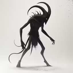 a strange looking alien with horns and feathers
