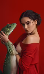 a woman poses with her hand on an animal