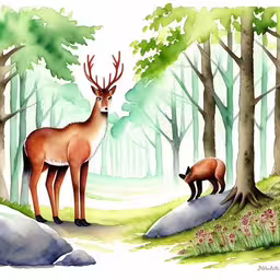 an illustration of a deer and a red panda in the woods,a painting of two deers on a wooded area,two animals stand in the woods, one with antlers,two animals that are in the woods near some trees,a drawing of two red deer standing next to each other in a forest