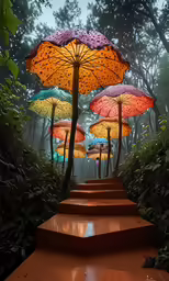 five umbrellas that are open, are standing in the rain