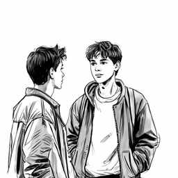 a drawing of two young men looking at each other
