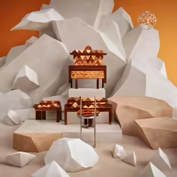 modern, artistic rendering of a desert with a bench and stools