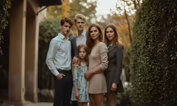 the young family is posing for a picture in front of a house