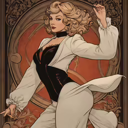 an art nouveau character is dressed in white, black and gold
