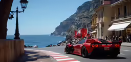 a red car driving down a road next to the ocean