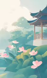 oriental pagoda by water with pink flowers and a bridge