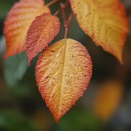a couple of leaves with wet orange leaves on them