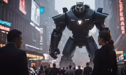 an animated robot and his companion at night on the street