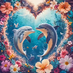 a pair of dolphins jumping through a heart - shaped frame