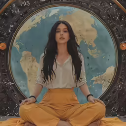 a woman sitting in a lotus pose by a big map