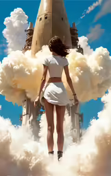 the woman is flying through the clouds with her dress on