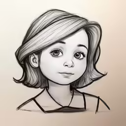 the black and white drawing shows a child with blue eyes