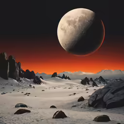 a large moon over some snowy mountains with an orange sky
