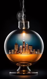 smoke rising from the back of a large round glass globe with a city skyline