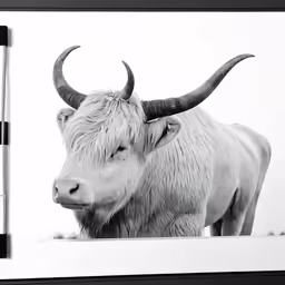 a black and white photo of a bull near two markers