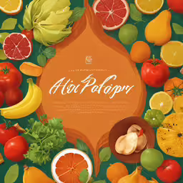 an abstract illustration of various fruits and vegetables,an array of fruits and vegetables are arranged in this food poster