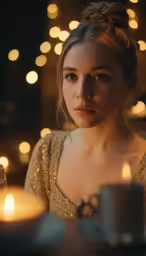 a woman holding a cup near two candles