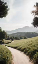 a dirt road running through a green field